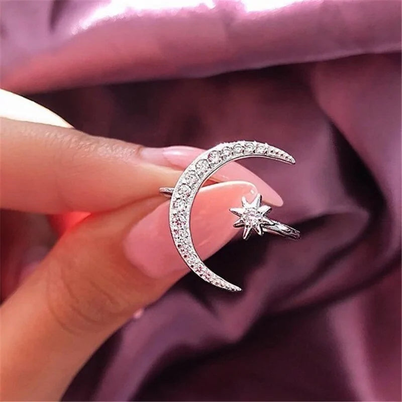 925 Sterling Silver Moon &amp; Star Ring