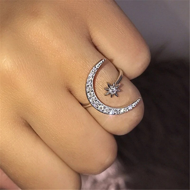 925 Sterling Silver Moon &amp; Star Ring