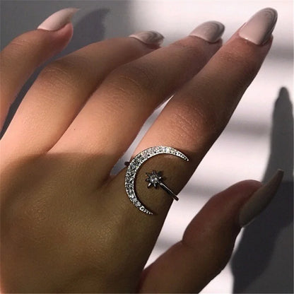 925 Sterling Silver Moon &amp; Star Ring